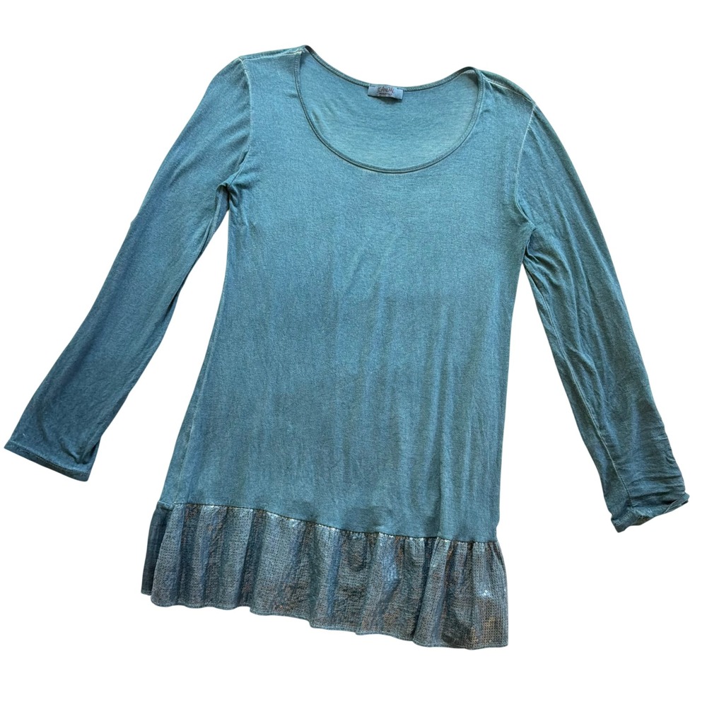 SCANDAL Italy Teal Blue Ruffle Sequin Tunic Blouse Flowy Fairy Boho Long Sleeve